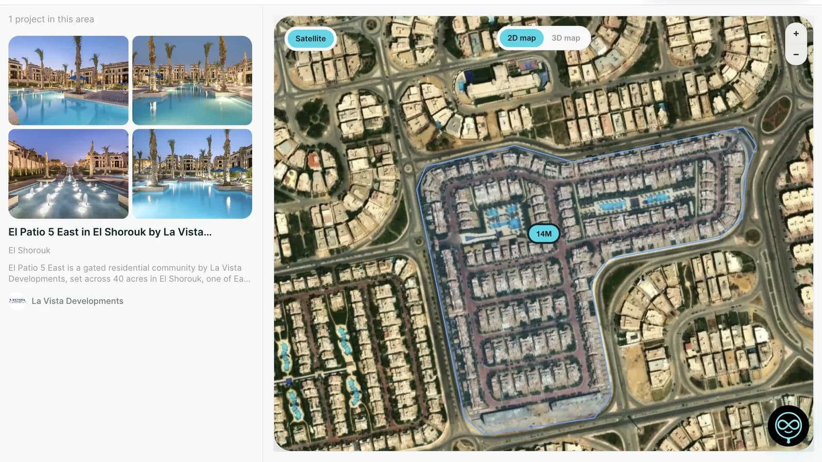 The Neo for Real Estate market: a project's photos and developer beside its boundary and price on the satellite map.