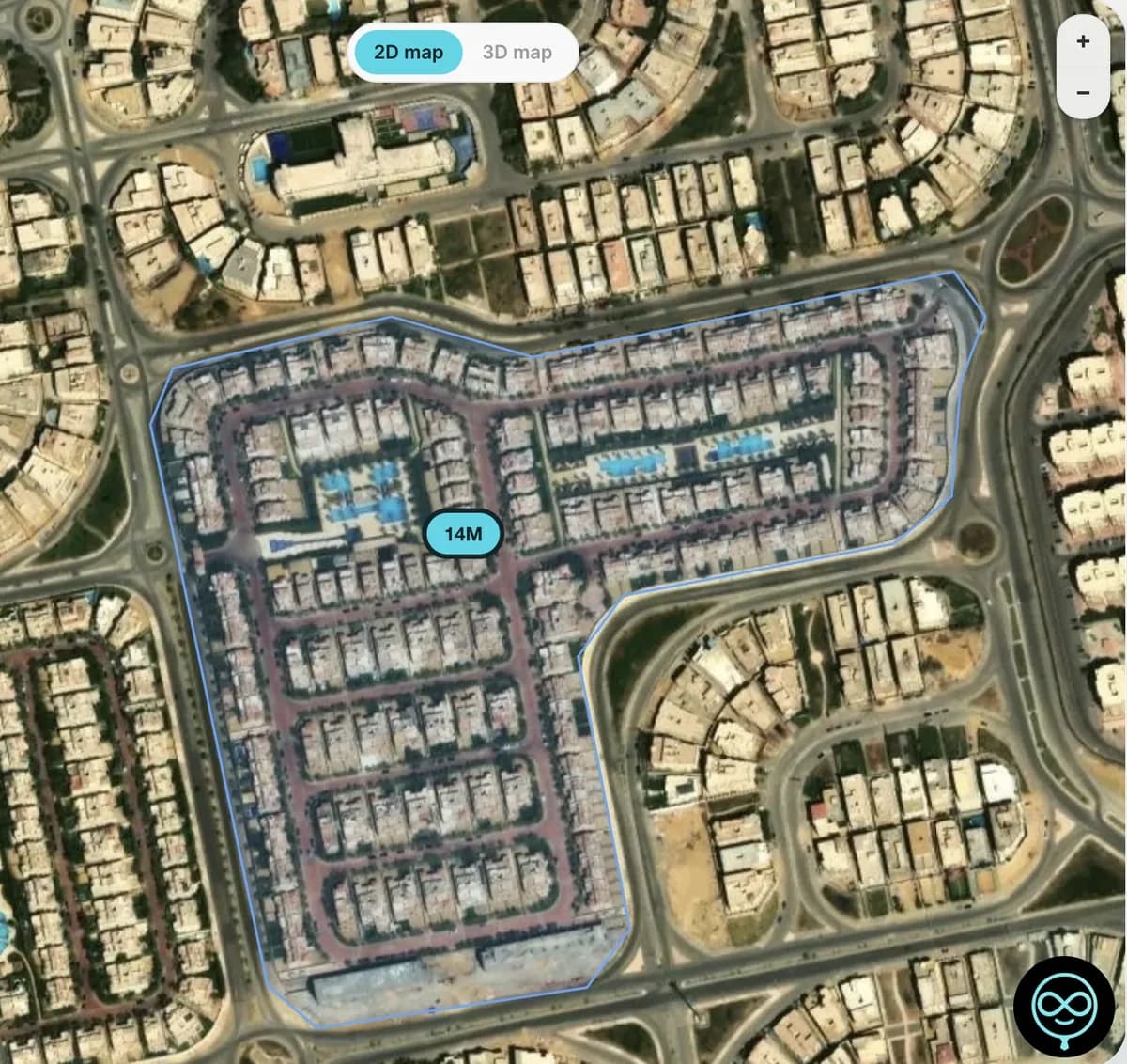A compound's boundary and starting price on the satellite map in Neo for Real Estate.